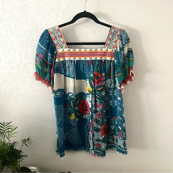 Johnny Was Hilary Blue Square Neck Printed Puff-Sleeve Blouse - Picture 3 of 9